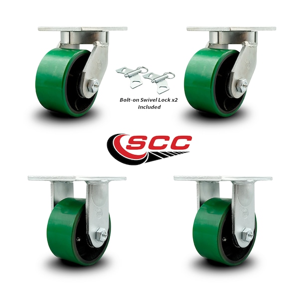 6 Inch Heavy Duty Green Poly on Cast Iron Caster Swivel Locks 2 Rigid SCC, 2PK